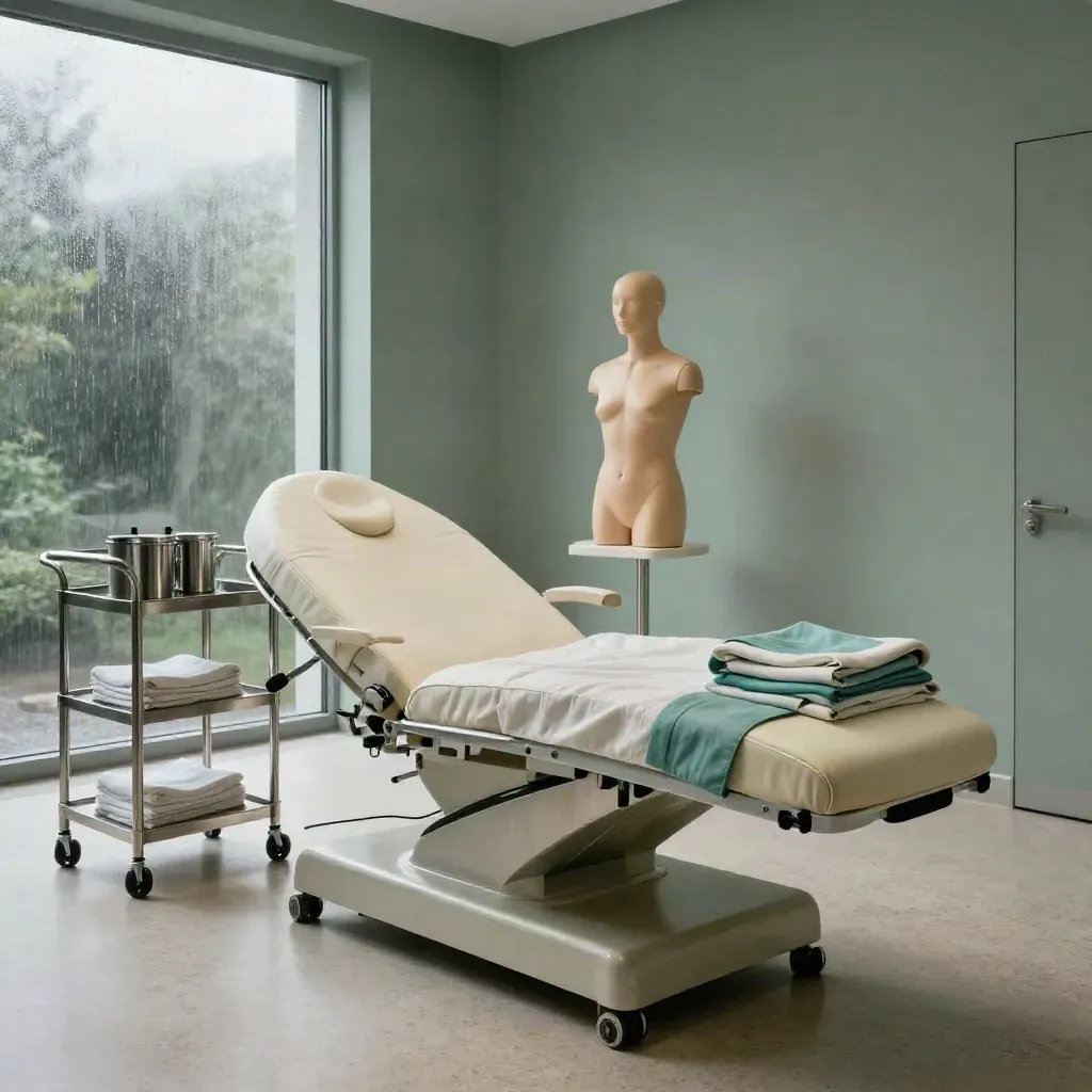 Luxe buikkliniek met behandelbank, trolley en torso-model in zacht na regenlicht.