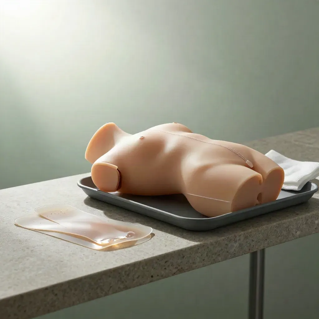 Littekenbeoordeling met siliconenpleisters, gel en een genezen torso op een stenen plank.
