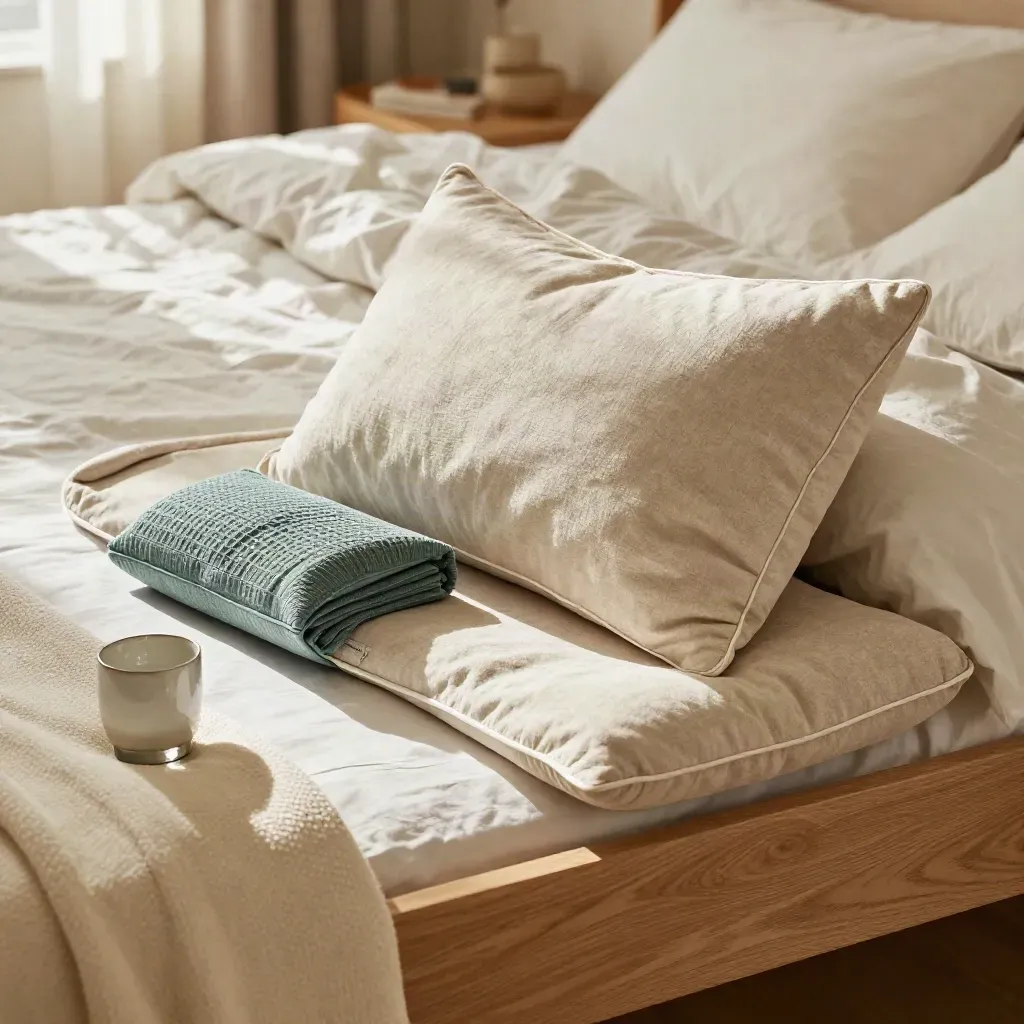 Herstelkit op bed met wigkussen, koelpack en handdoek in warm daglicht.