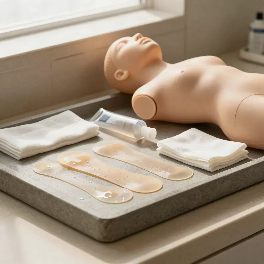 Littekenzorg op een steentray met siliconen sheets, gel en een torso-model in zacht klinieklicht.