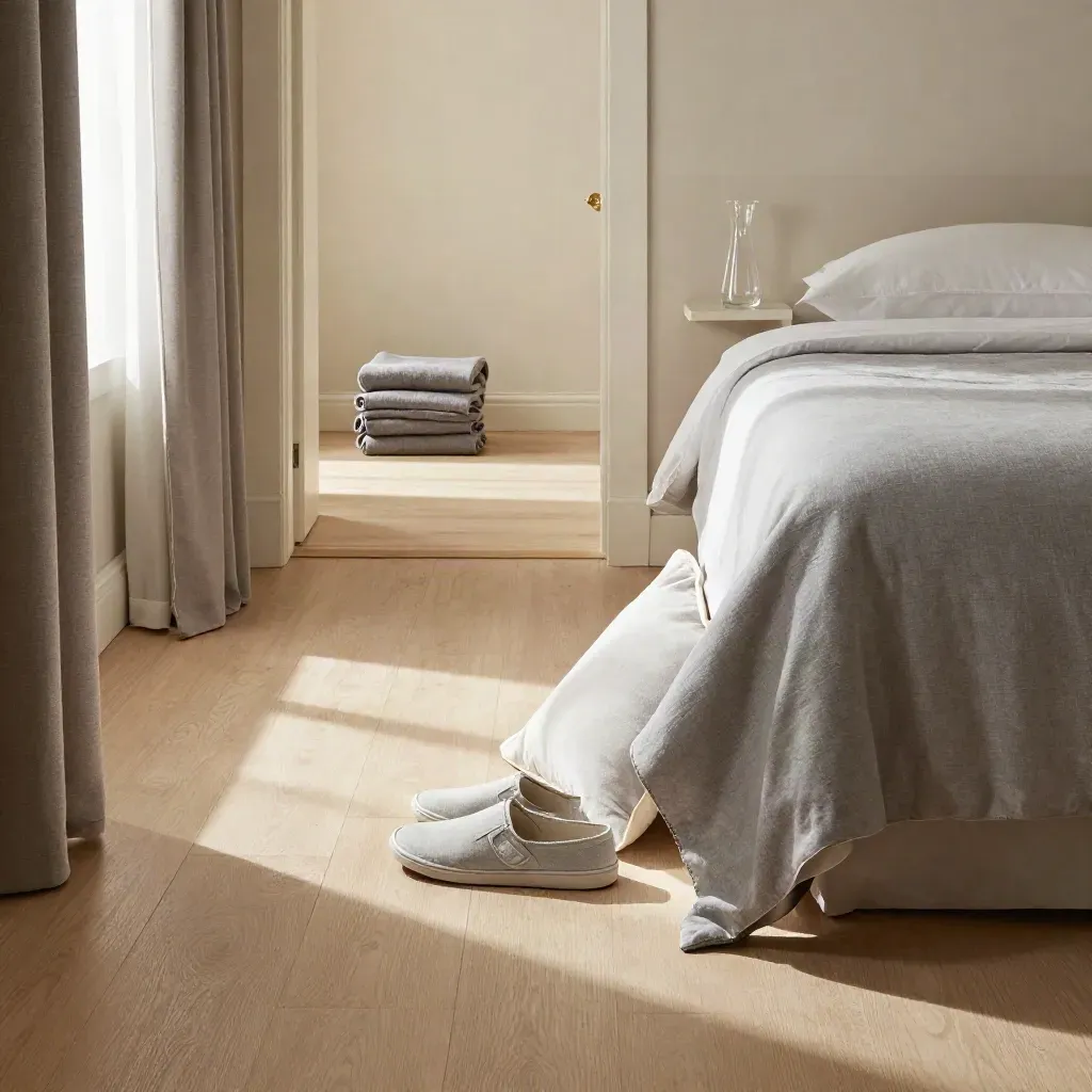 Slaapkamer met recovery schoenen, wedgekussen en een vrije looproute in zacht ochtendlicht.