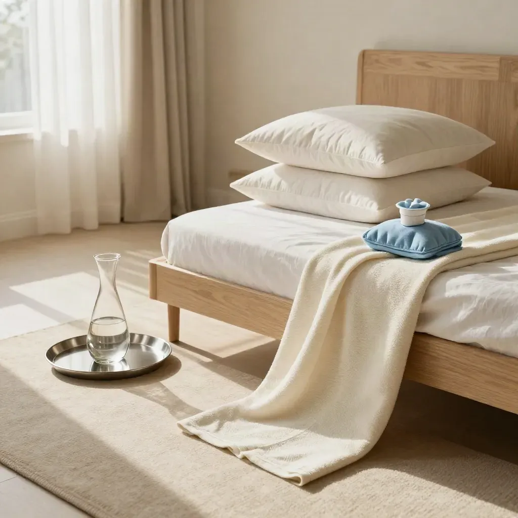 Herstelhoek naast het bed met kussens, karaf, coolpack en opgevouwen deken in zacht daglicht.