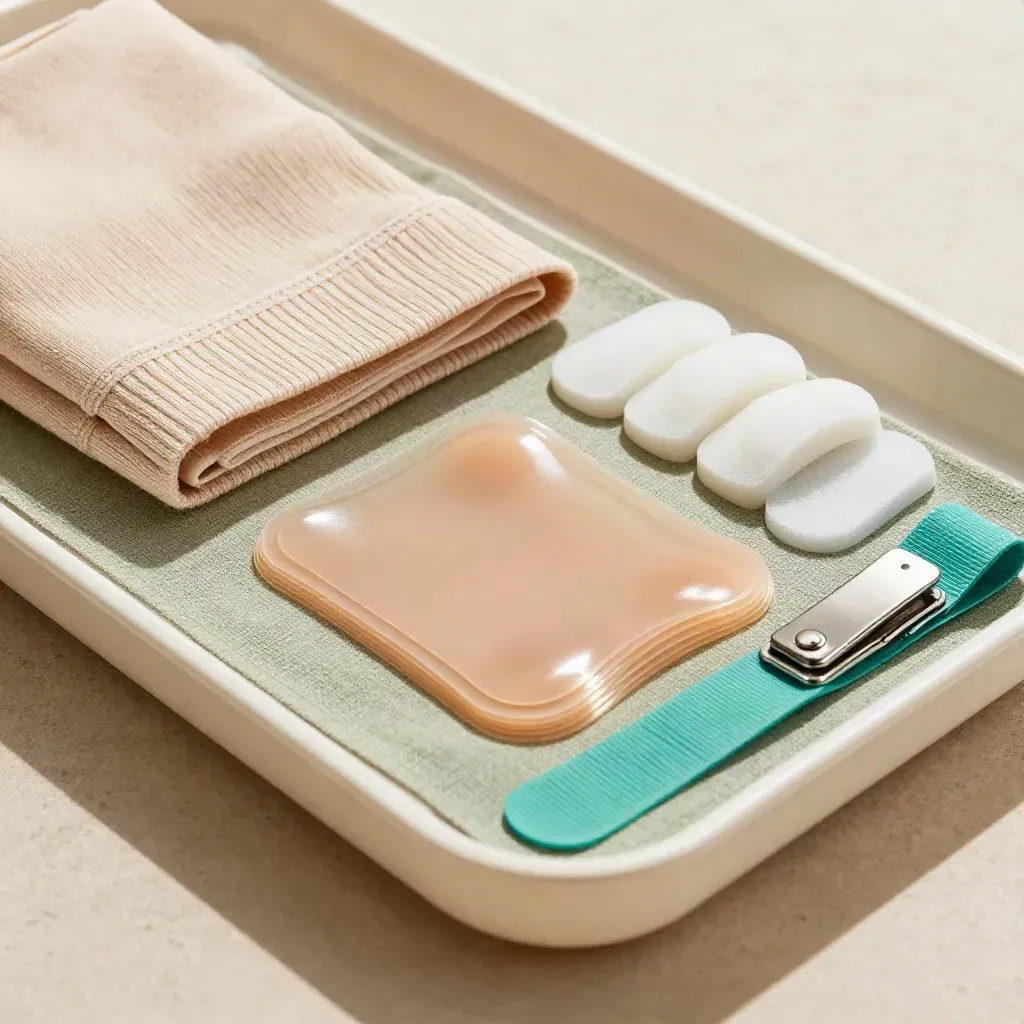 Compressiekit met littekensheets en foam pads op een klinische tray met teal accent.