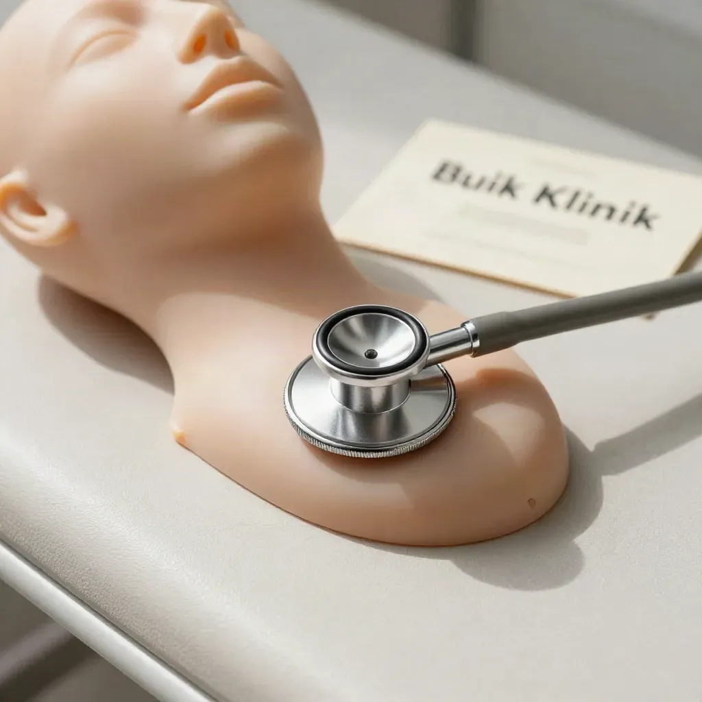 Stethoscoop en siliconen torso bij een eerste kennismakingsgesprek, minimalistisch en klinisch
