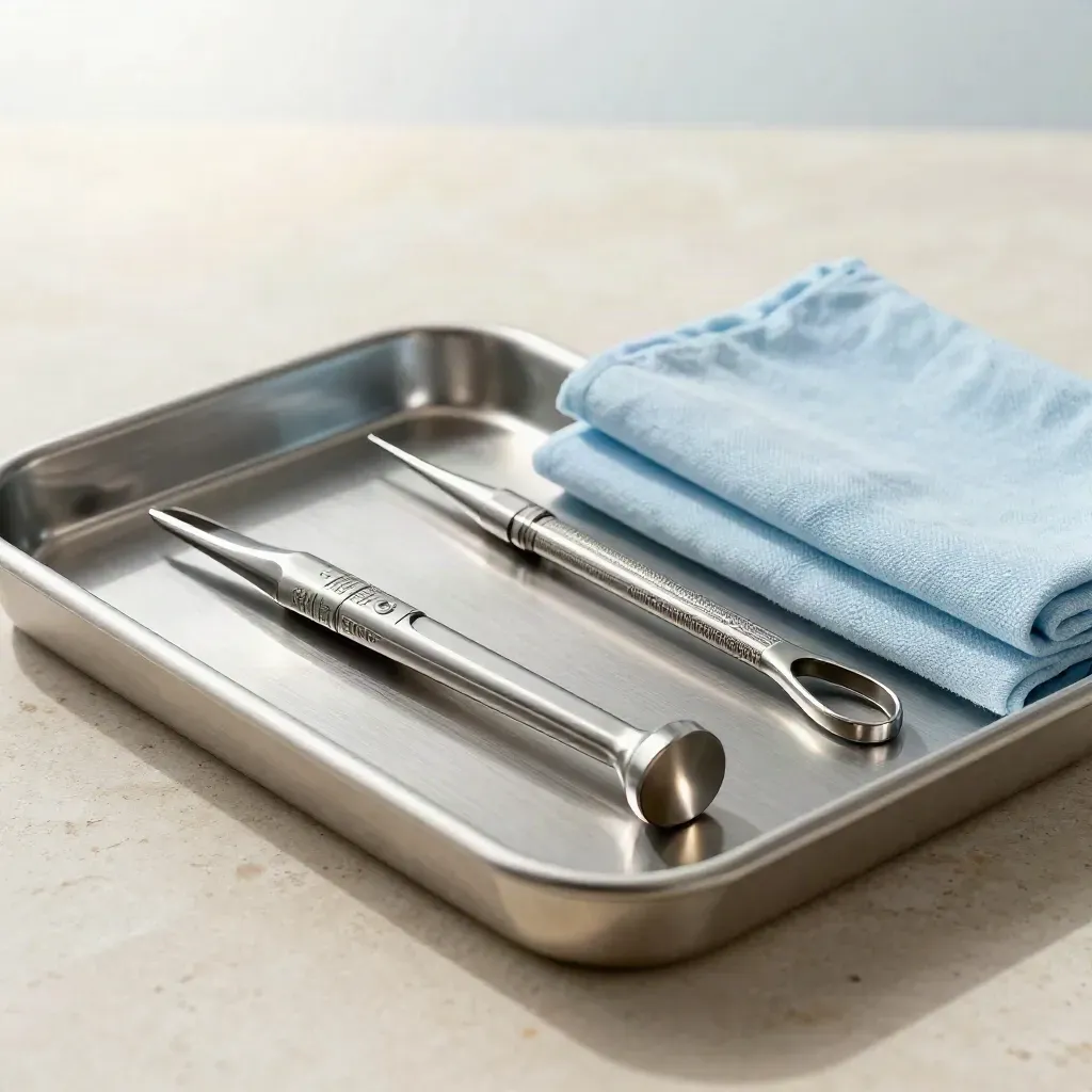 Halfopen instrumentcassette met cannulatips en fijne forceps op een stenen tray.