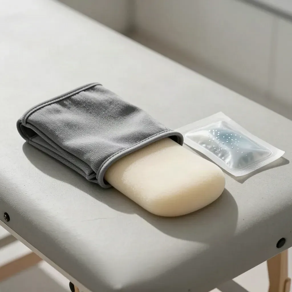 Compressiesleeve, foamwig en gelpack op beton voor nazorg en controle.