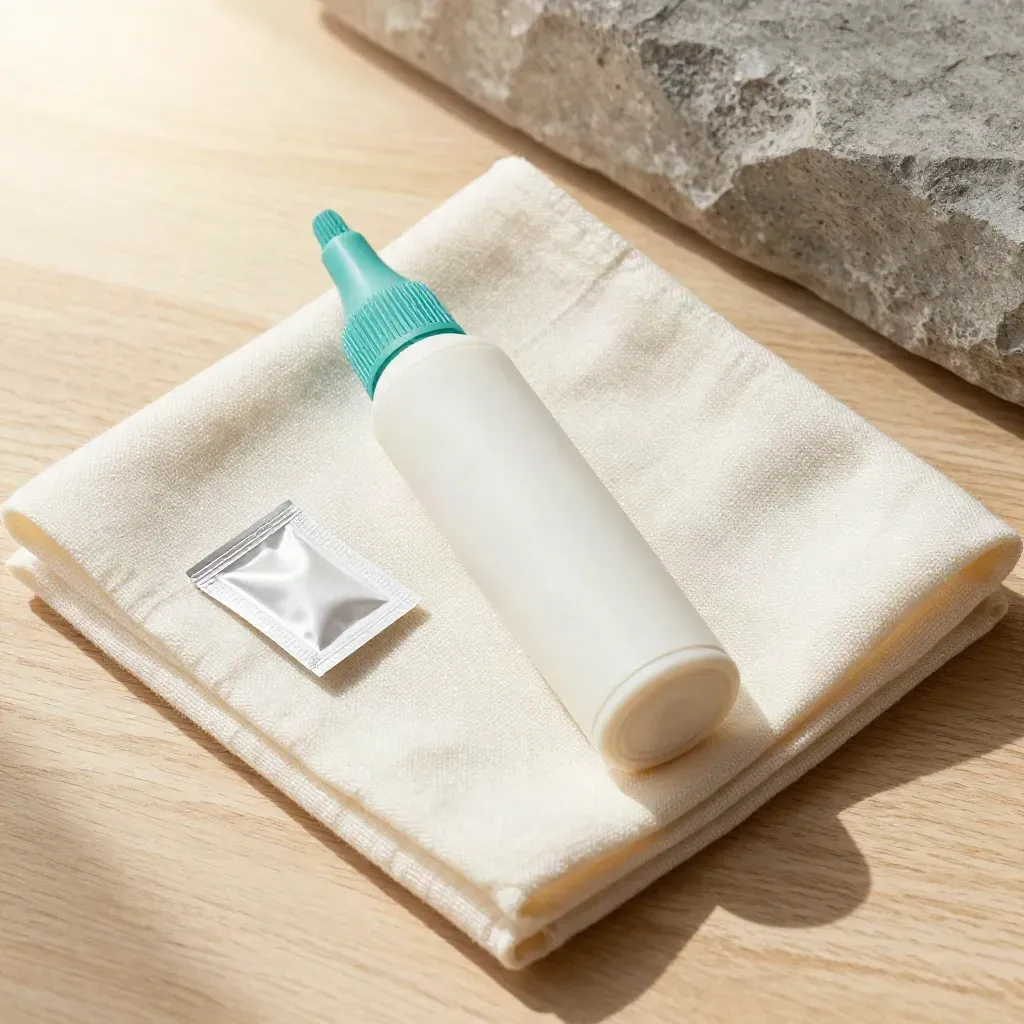 Contourmarker, siliconen torso en opgevouwen doek op licht eiken, onderzoek en plan.