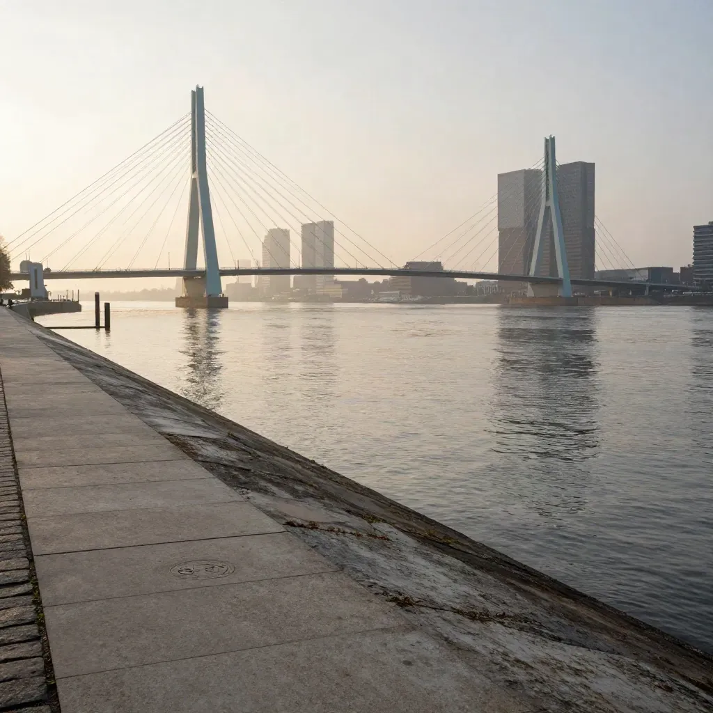 Rotterdam skyline boven de Maas in warme avondmist, met rustige waterpartij en bruglijnen