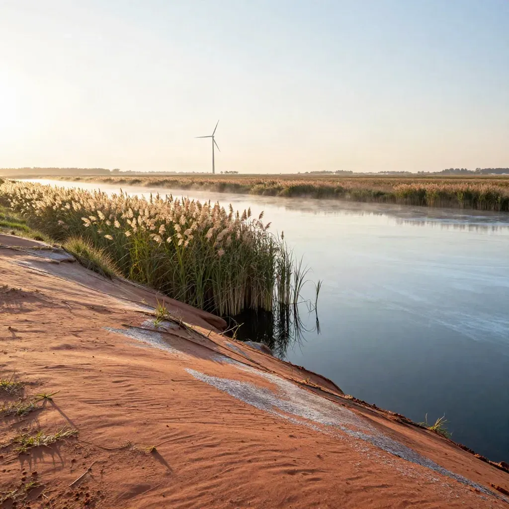 Flevolandse polder met riet, stil water en windmolens in warme avondgloed